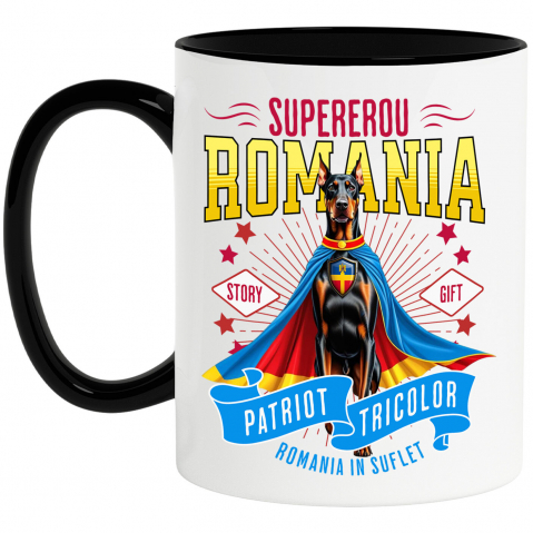 Supereroi - Cana Personalizata Doberman Pinscher în Costum de Căpitan România – Cadou Personalizat pentru Iubitorii de Câini