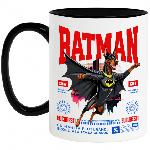 Supereroi - Cana Personalizata Doberman Pinscher în Costum de Batman – Supererou Impunător pentru Iubitorii de Câini și Copii