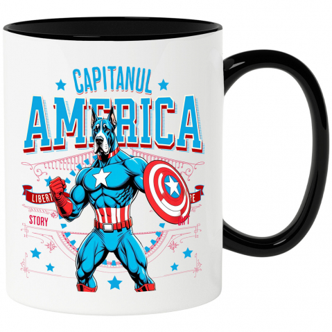 Cani Personalizate - Cana Personalizata Great Dane în Costum de Captain America cu Pelerină - Cadou Personalizat pentru Copii și Iubitorii de Câini