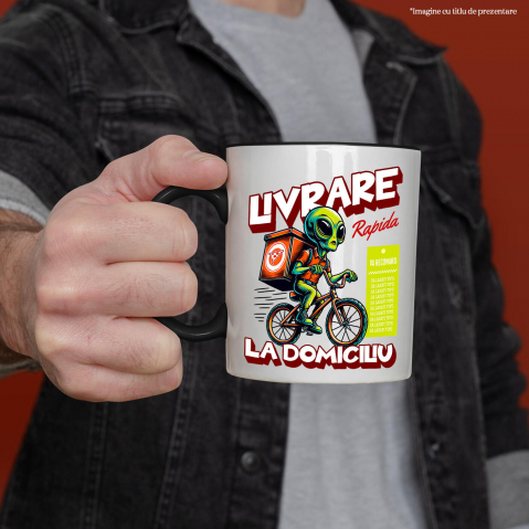 Cana Personalizata Extraterestru Curier Cu Bicicleta Si Cutii De Pizza | Cadou Amuzant Livrare La Domiciliu [1]