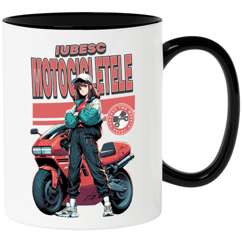 Motociclete - Cana Personalizata Fată Animată Cu Șapcă, Ținută Sport, Motor Roșu – Viteză și Pasiune Moto