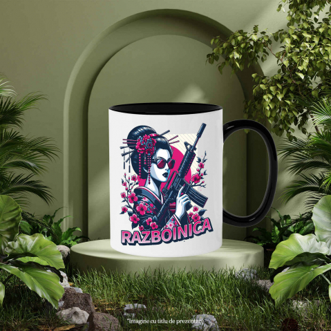 Cana Personalizata Fata Asiatica cu Mitralieră și Flori Roz – Războinică Personalizată [2]