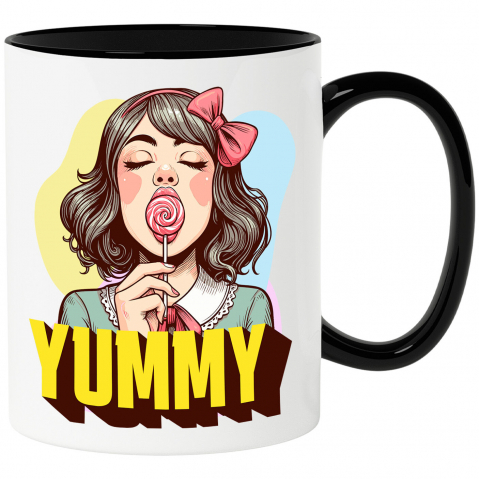 Mancare - Cana Personalizata Fată Brunetă cu Funda Roșie și Acadea - Cadouri Dulci și Amuzante pentru Copii și Familie