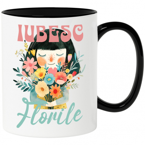 Flori - Cana Personalizata Cadou Personalizat Fata Cu Breton și Buchet De Trandafiri | Iubesc Florile | Iubire și Natură