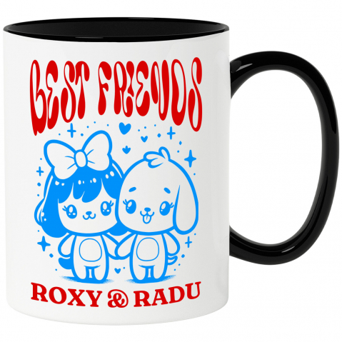 Prieteni - Cana Personalizata Cadouri personalizate – Fata cu fundă și câinele Best Friends Roxy și Radu
