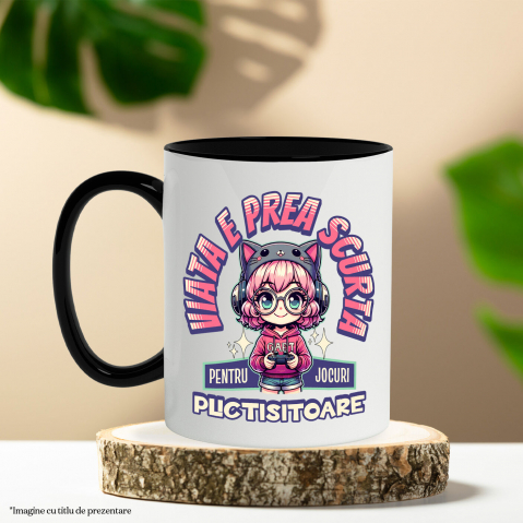 Cana Personalizata Fată Stil Anime „Viața E Prea Scurtă” cu Păr Roz, Palarie Pisică și Manetă Jocuri Video - Cadou Personalizat [2]