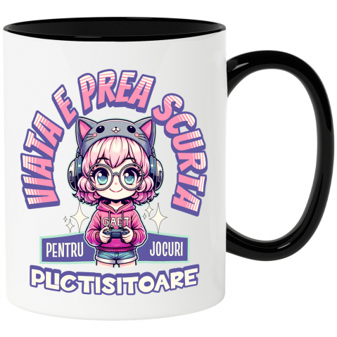 LUME - Cana Personalizata Fată Stil Anime „Viața E Prea Scurtă” cu Păr Roz, Palarie Pisică și Manetă Jocuri Video - Cadou Personalizat