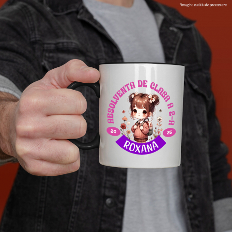Cana Personalizata Fată Școlăriță cu Breton și Rucsac Personalizat „Absolvent de Clasa a 2-a Roxana” - Cadou Educațional [1]