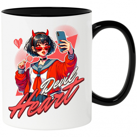 Căni - Cana Personalizata „Fată Stil Anime Cu Acadea și Selfie - Cadou Personalizat „Devil Heart” pentru Familie, Copii și Prieteni”
