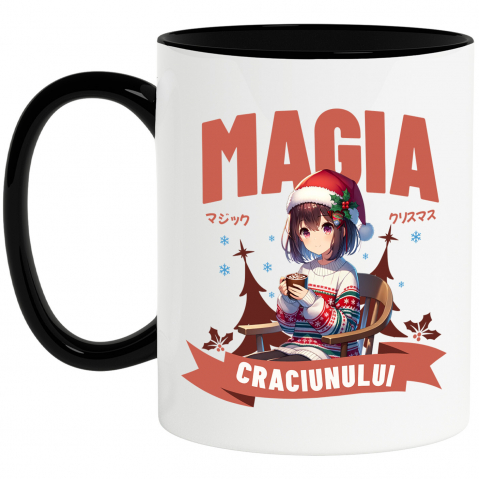 Craciun - Cana Personalizata Fată Stil Anime cu Căciulă și Pulover de Crăciun – Cadouri Personalizate pentru Magia Crăciunului