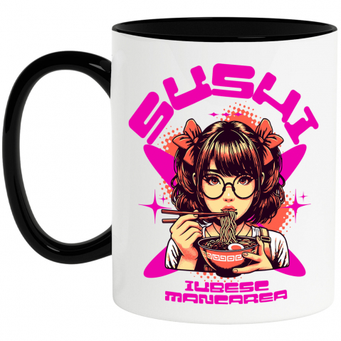 Mancare - Cana Personalizata Fată Anime Cu Fundițe Și Ochelari Mâncând Supă Noodles | Cadou Personalizat Iubitorilor De Mâncare