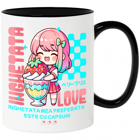 Mancare - Cana Personalizata Cadou personalizat pentru iubitorii de milkshake | Fata anime cu pahar imens de milkshake și căpșună