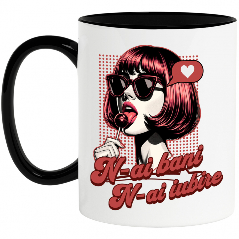 Căni - Cana Personalizata „Fată Stil Retro Cu Acadea și Ochelari De Soare - Cadou Personalizat „N-ai Bani, N-ai Iubire” pentru Familie, Copii și Prieteni de Valentine's Day”