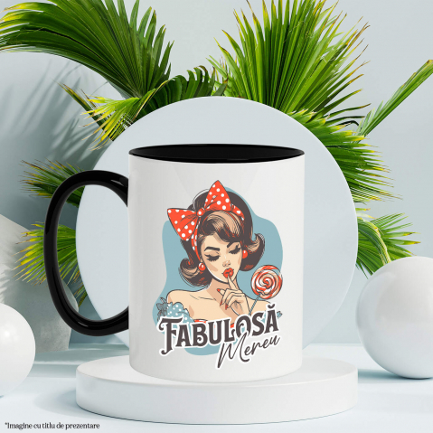 Cana Personalizata Fată Retro cu Funda Roșie și Acadea - Cadou Personalizat Fabuloasă Mereu Încredere de Sine [2]