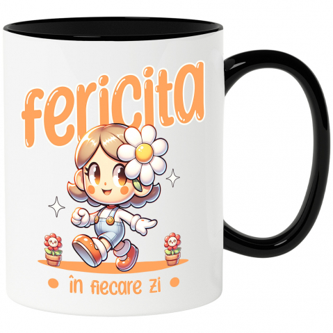 Copii - Cana Personalizata Fată Veselă Animată cu Floare – Cadou Personalizat pentru Copii și Familie