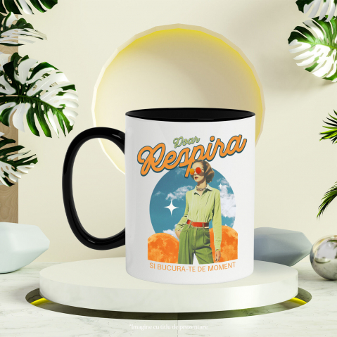 Cana Personalizata Femeie Stil Retro cu Ochelari Aviator și Mesaj "Doar Respiră și Bucură-te de Moment" - Cadouri Personalizate cu Artă Abstractă și Inspirație [2]