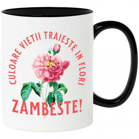 Căni - Cana Personalizata Floare Colorată cu Text „Zâmbește, Culoarea Vieții Trăiește în Flori” | Cadouri Personalizate pentru Femei, Familie și Prieteni