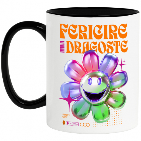 Căni - Cana Personalizata Floare Colorată Veselă cu Text „Fericire, Dragoste, Natură” | Cadouri Personalizate pentru Femei, Familie și Prieteni