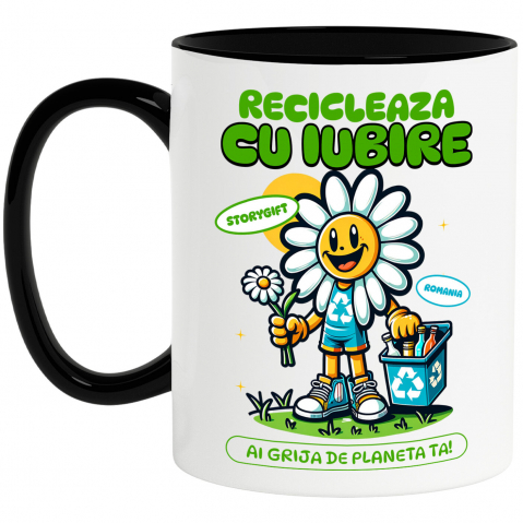 Planeta - Cana Personalizata "Floare Margareta Reciclare Sticle Goale – Cadouri ecologice pentru iubitorii de natură"