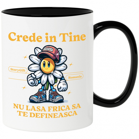 Căni - Cana Personalizata Floare Veselă cu Sapcă și Text „Crede în Tine” | Cadouri Personalizate pentru Femei, Copii și Familie