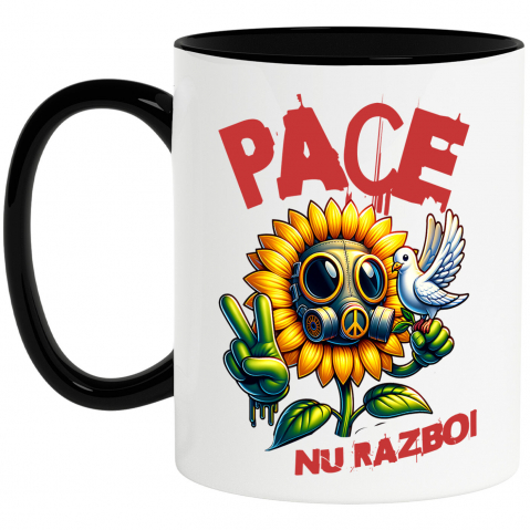 Căni - Cana Personalizata Floarea Soarelui cu Masca Toxică și Porumbel Alb | Mesaj „Pace, Nu Război” | Cadouri Personalizate pentru Femei, Familie și Prieteni
