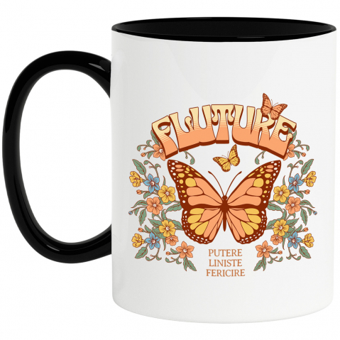 Flori - Cana Personalizata Fluture Portocaliu cu Mesaj de Putere și Liniște | Cadou Personalizat cu Flori Colorate