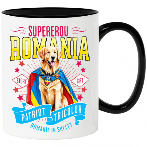 Cani Personalizate - Cana Personalizata Golden Retriever Supererou – Costum Căpitan România, Cadou Personalizat