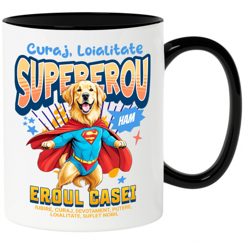 Supereroi - Cana Personalizata Golden Retriever în Costum de Superman – Cadouri Personalizate pentru Familie și Copii