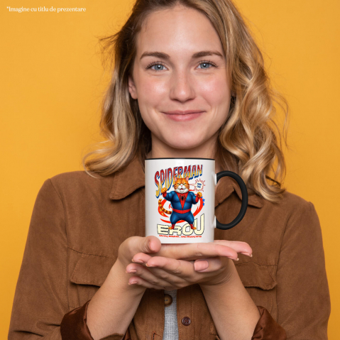 Cana Personalizata Pisică Grasă în Costum Spider-Man cu Pelerină - Cadou Personalizat pentru Iubitorii de Pisici și Copii [1]