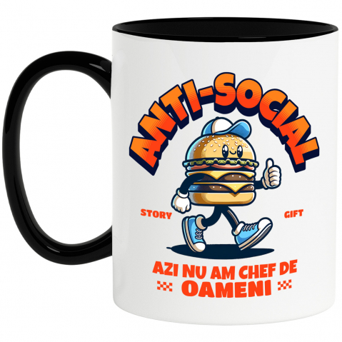 Mancare - Cana Personalizata Hamburger personalizat cu șapcă și adidași albastri – „Anti-social, azi nu mă chef de oameni” – Cadou amuzant