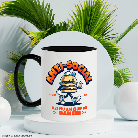 Cana Personalizata Hamburger personalizat cu șapcă și adidași albastri – „Anti-social, azi nu mă chef de oameni” – Cadou amuzant [2]