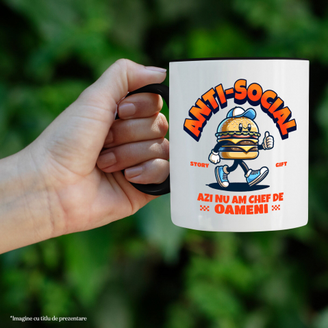 Cana Personalizata Hamburger personalizat cu șapcă și adidași albastri – „Anti-social, azi nu mă chef de oameni” – Cadou amuzant [1]