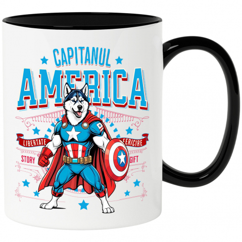 Cadouri Pentru Cupluri - Cana Personalizata Husky Siberian în Costum Captain America cu Pelerină - Cadou Personalizat pentru Copii și Iubitorii de Câini