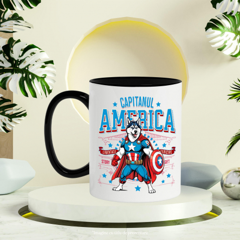 Cana Personalizata Husky Siberian în Costum Captain America cu Pelerină - Cadou Personalizat pentru Copii și Iubitorii de Câini [2]