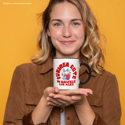 Cana Personalizata Iepuraș cu Inimă Roșie și Mesaj „Iubirea este doar în brațele lui Alex” – Cadou Personalizat [1]