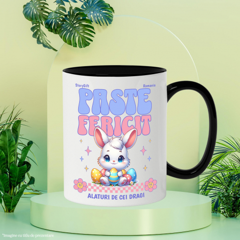 Cana Personalizata "Iepure Alb Copii Cu Oua Colorate, Flori și Stele - Paște Fericit Alături De Cei Dragi" [2]