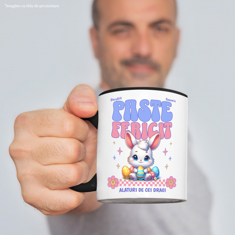Cana Personalizata "Iepure Alb Copii Cu Oua Colorate, Flori și Stele - Paște Fericit Alături De Cei Dragi" [1]