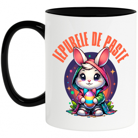 Paste - Cana Personalizata "Iepure Alb Cu Pelerină Multicolor și Papion - Iepurele De Paște Perfect"