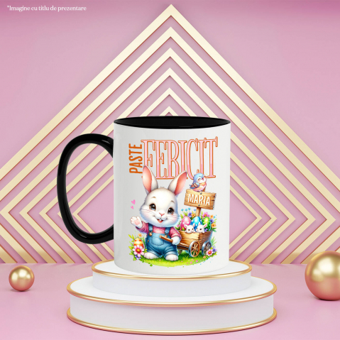 Cana Personalizata "Iepure Alb Cu Salopetă De Denim și Căruț Cu Ouă Colorate - Paște Fericit Maria" [2]