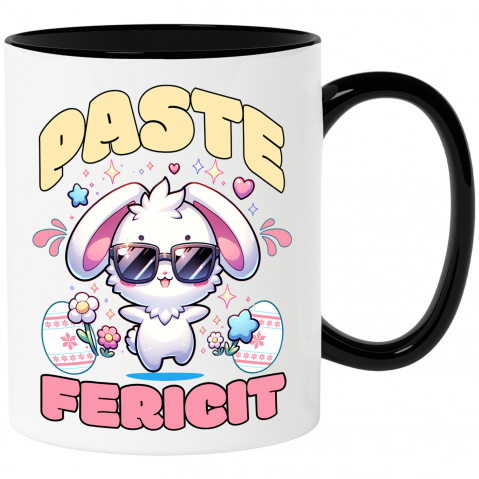 Paste - Cana Personalizata "Iepure Cool Alb Cu Ochelari De Soare - Paște Fericit Cu Ouă Colorate și Flori"