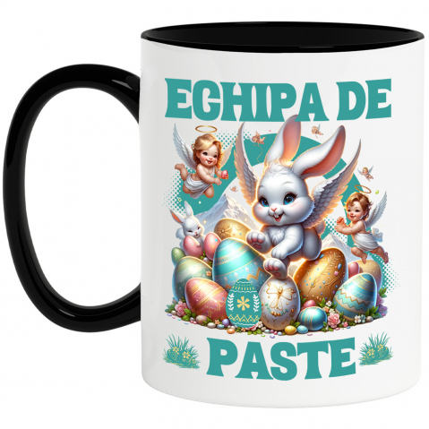 Paste - Cana Personalizata "Iepure Fericit Cu Aripi De Înger și Ouă Colorate - Paște Cu Bebelusi Îngeri"