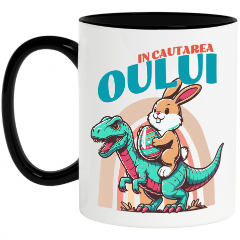 Paste - Cana Personalizata "Iepure Maro Cu Oul Colorat și T-rex - Cadou Paște Creativ și Distractiv"