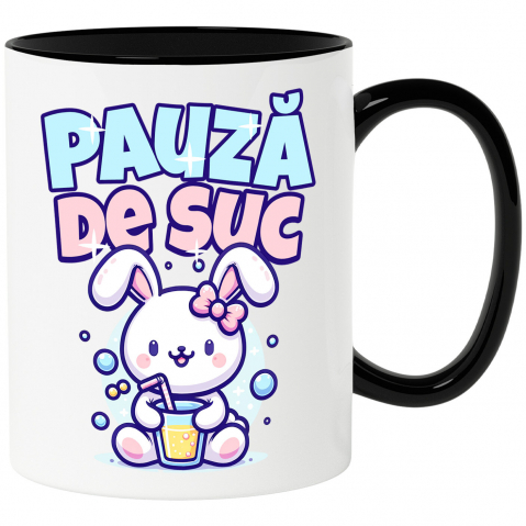 Bauturi - Cana Personalizata „Iepure Roz cu Pahar de Suc – Pauză de Suc Copii Bule, Cadou Personalizat pentru Micuți”