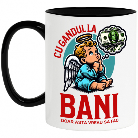 BANI - Cana Personalizata Inger cu Coroana și Bancnote – „Cu Gândul la Bani” – Cadou Personalizat pentru Familie, Tati, Copii, Prieteni