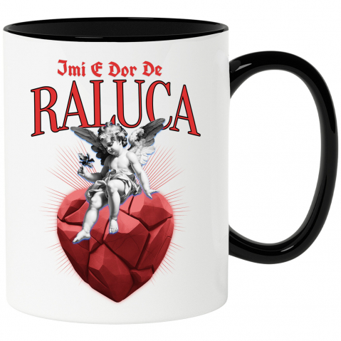 Dragoste - Cana Personalizata „Înger Cu Aripi Și Flori pe Inima DE Piatra - Cadou Personalizat „Îmi e Dor de Raluca” pentru Familie, Copii și Prieteni”