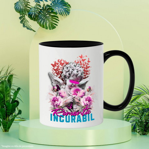 Cana Personalizata Statuie Înger Copil cu Flori Roz și Mesaj „Romantic Incurabil” – Cadou Personalizat [2]