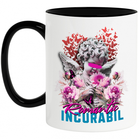 Dragoste - Cana Personalizata Statuie Înger Copil cu Flori Roz și Mesaj „Romantic Incurabil” – Cadou Personalizat