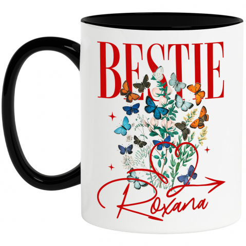 Prieteni - Cana Personalizata "Inima Roșie cu Fluturi Colorați și Plante Verzi - Cadouri Personalizate pentru Valentine's Day și Dragobete"