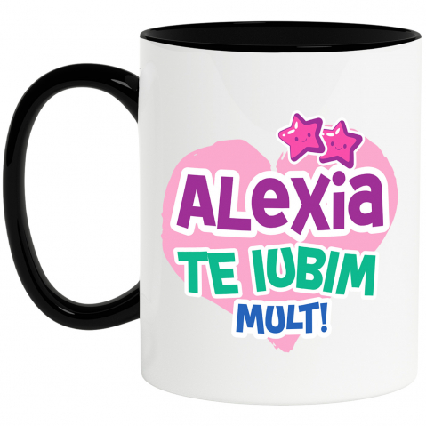 Prieteni - Cana Personalizata "Inima Roz cu Stele Zâmbitoare - Cadou Personalizat pentru Alexia, Dragoste și Valentine's Day"