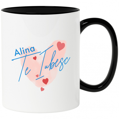 Dragoste - Cana Personalizata Inima Stil Amprentă cu Mesaj „Alina, Te Iubesc” – Cadou Personalizat de Valentine's Day